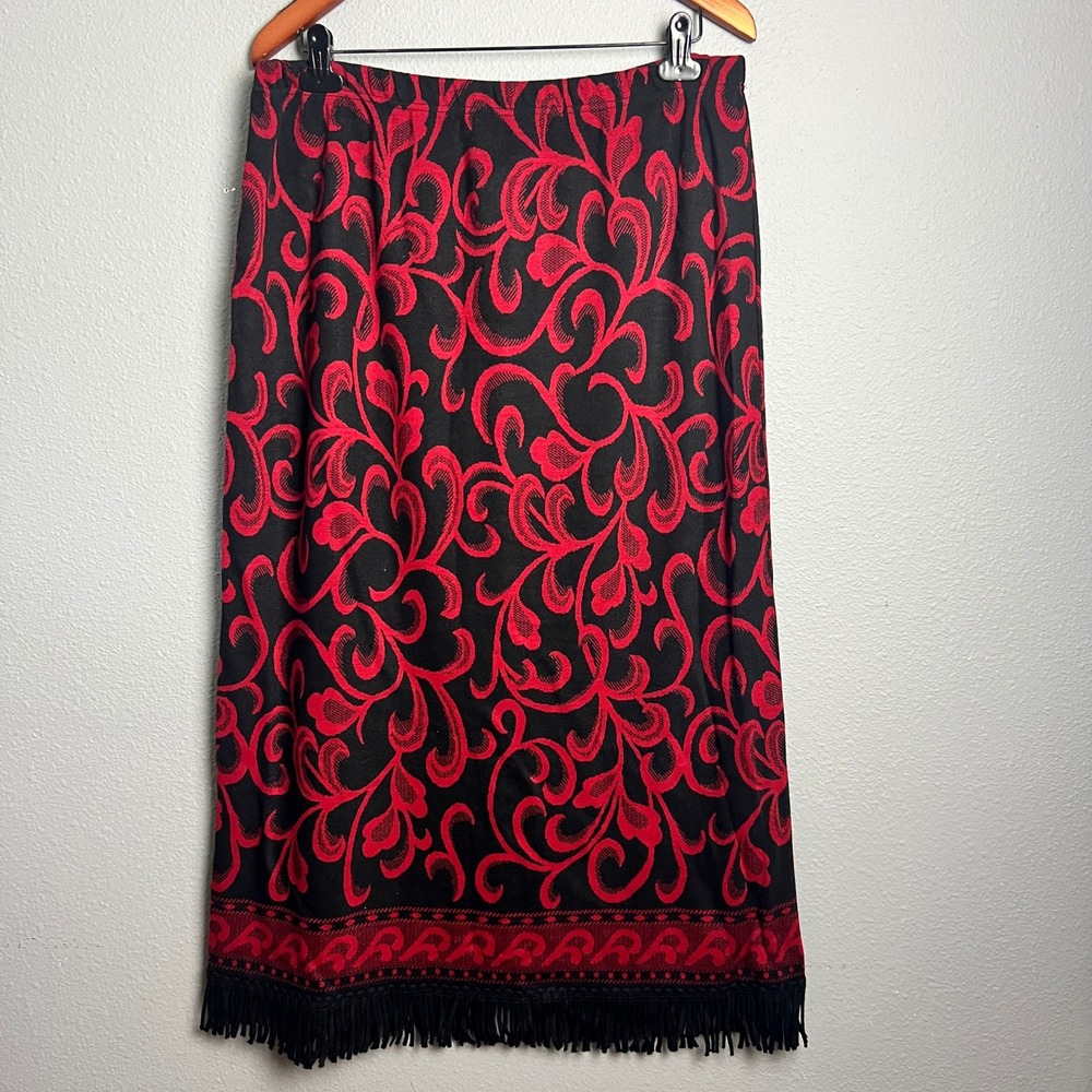 Nina Leonard Maxi Skirt Red Black Dark Romantic Floral Fringe Hem Knit X-Large